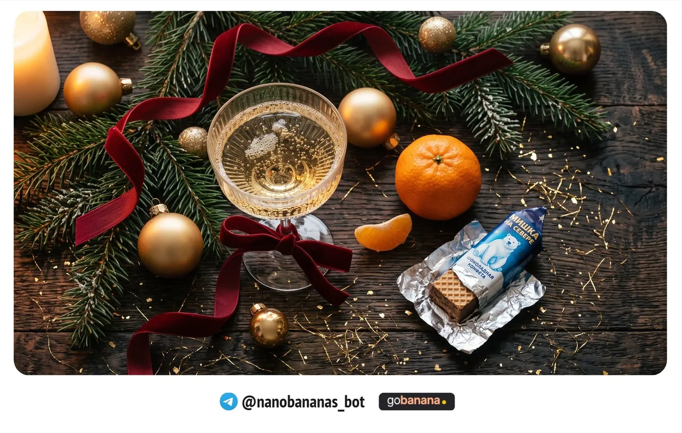 Флэтлей: шампанское, мандарины, елочные игрушки