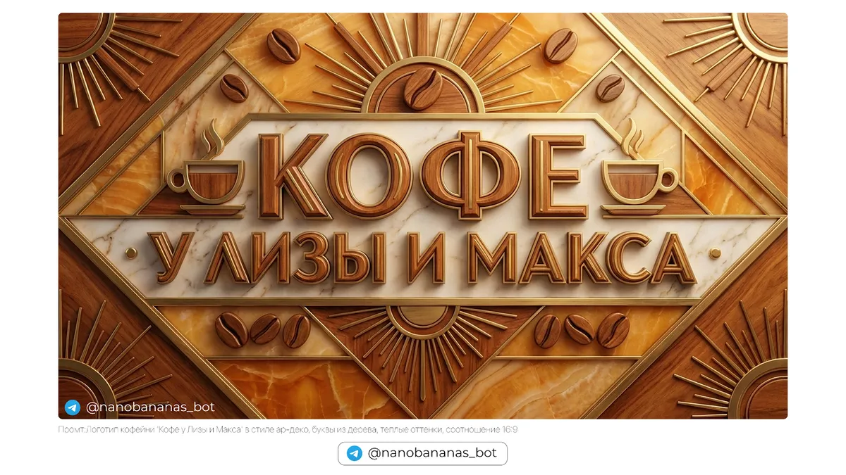 Промт: Логотип кофейни 'Кофе у Лизы и Макса' в стиле ар-деко, буквы из дерева с текстурой, тёплые коричневые и бежевые оттенки, соотношение 16