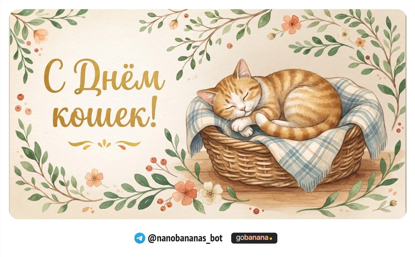 Промт 13. Открытка «С Днём кошек» — кириллица на фото (модель Nano Banana 2)