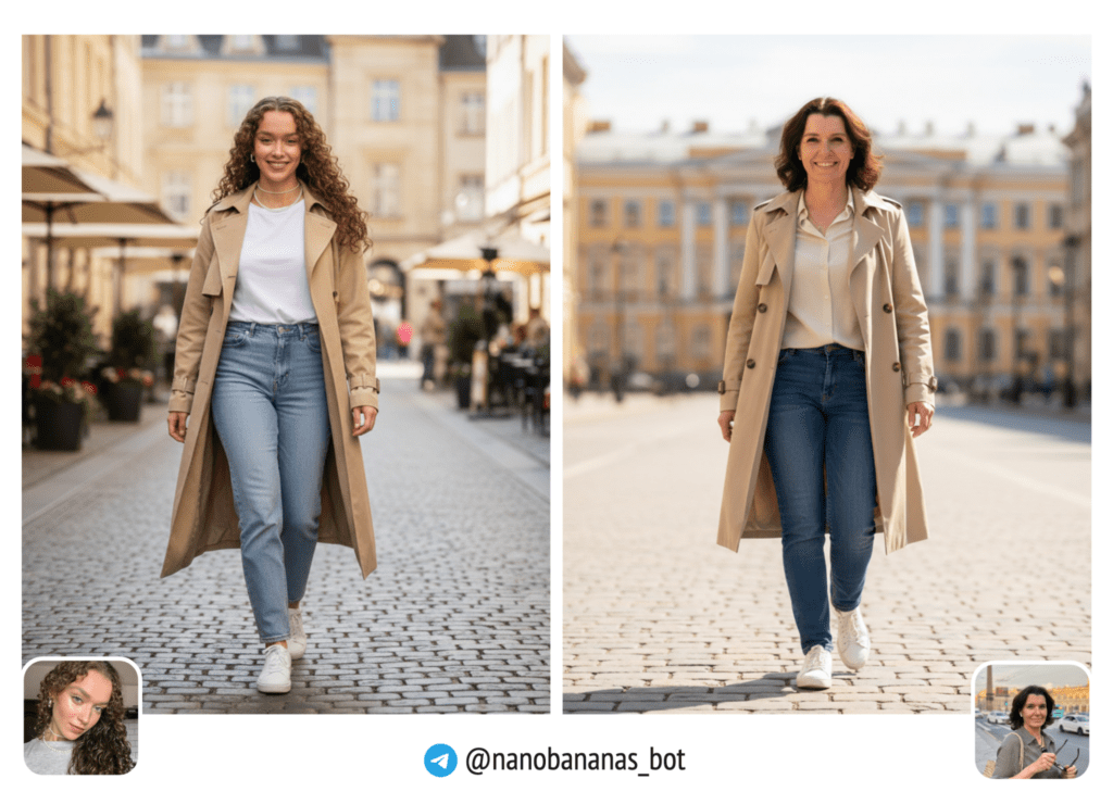 Реалистичное фото, девушка идёт по европейской улице. Бежевый тренч, джинсы, белые кроссовки. Волосы распущены. Естественная улыбка. Солнечный день. Старинная архитектура на фоне.