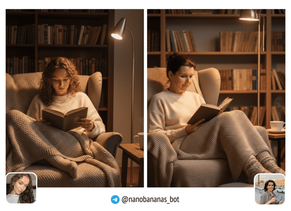 евушка в кресле с книгой, укрыта бежевым пледом. Домашний свитер, тёплые носки. Рядом чашка чая, торшер.