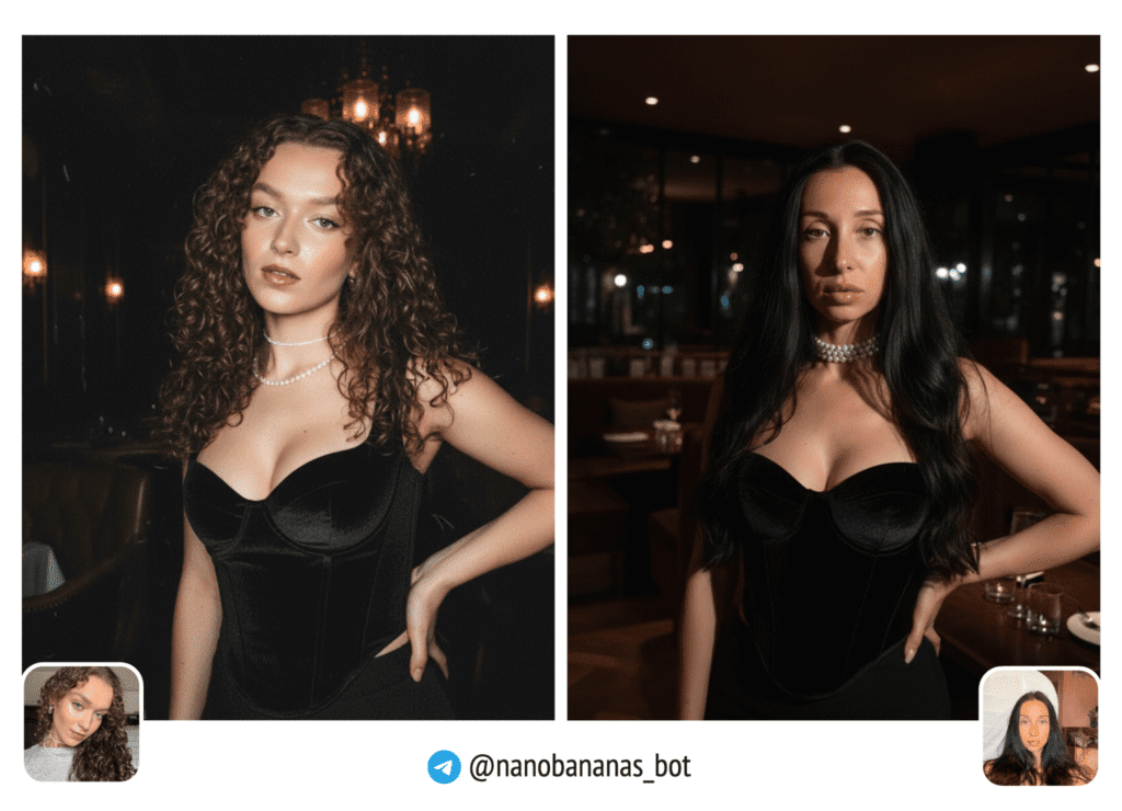 Y2K-портрет со вспышкой. Молодая женщина в тёмном ресторане, жёсткая вспышка. Чёрный бархатный корсет с вырезом-сердце. Одна рука на талии. Жемчужный чокер. Нюдовый блеск для губ. Волосы объёмно уложены. Ночная атмосфера, кинематографическое зерно. 