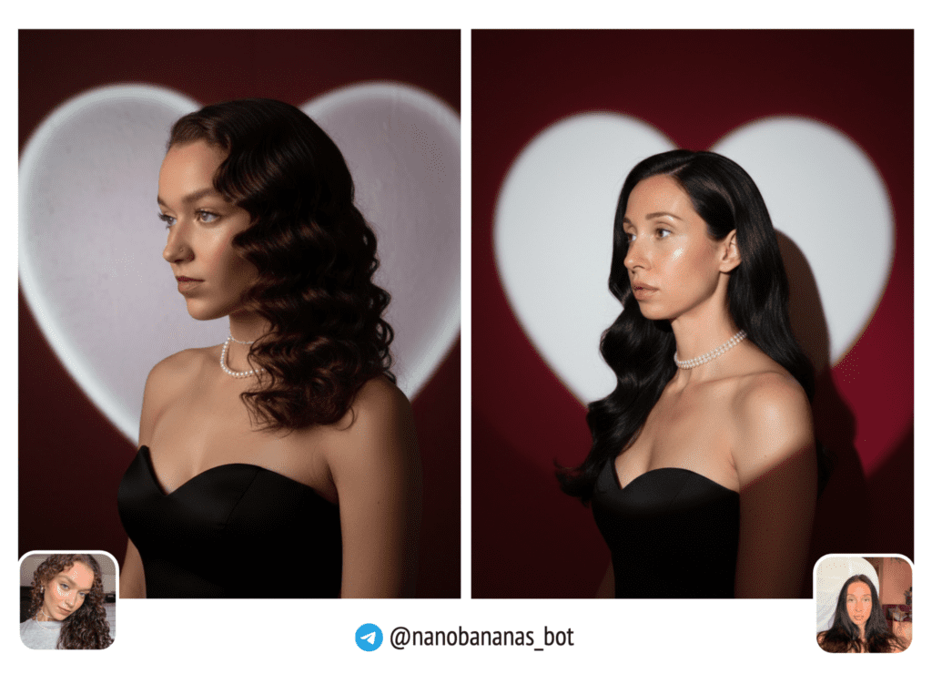 Портрет в профиль на тёмно-красном фоне. Большое белое сердце проецируется на стену. Чёрное вечернее платье без бретелей. Жемчужный чокер. Вид сбоку три четверти. Драматичное боковое освещение. Волосы голливудской волной. Medium format, 80mm f/2.8. Лиц