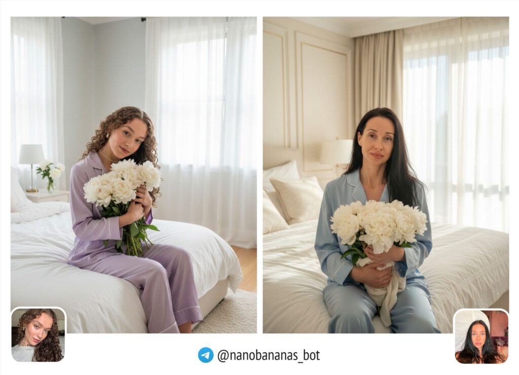 В шёлковой пижаме с букетом пионов