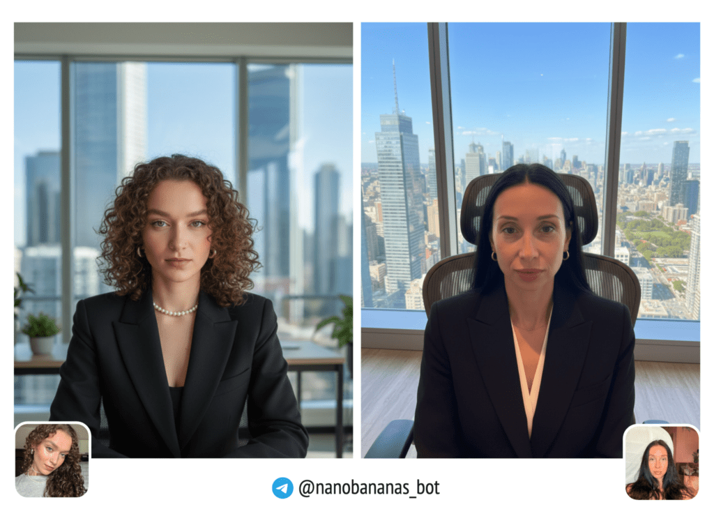 Девушка в чёрном деловом костюме сидит в современном офисе у панорамного окна. 