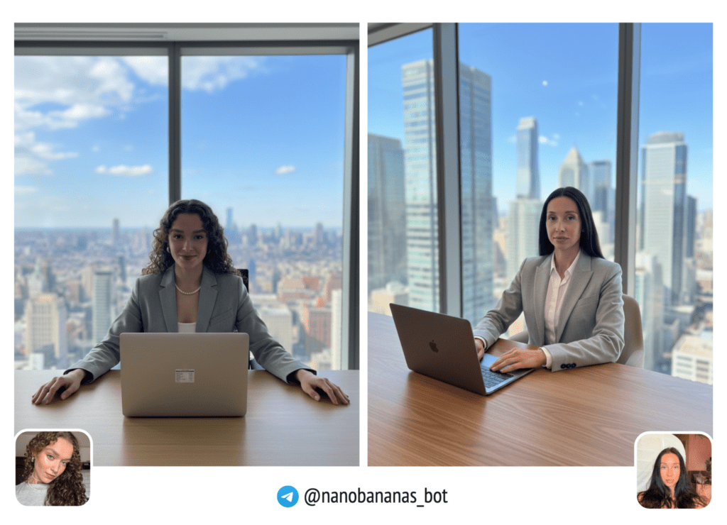 Женщина в светло-сером костюме сидит за рабочим столом в современном офисе.