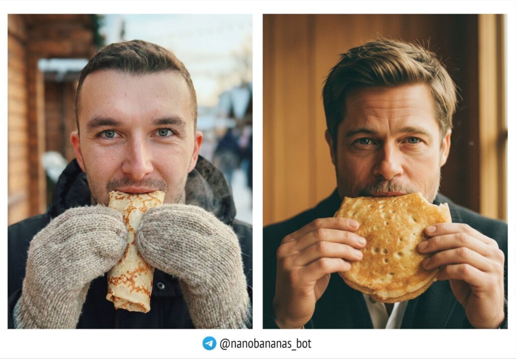 Откусывает блин крупным планом