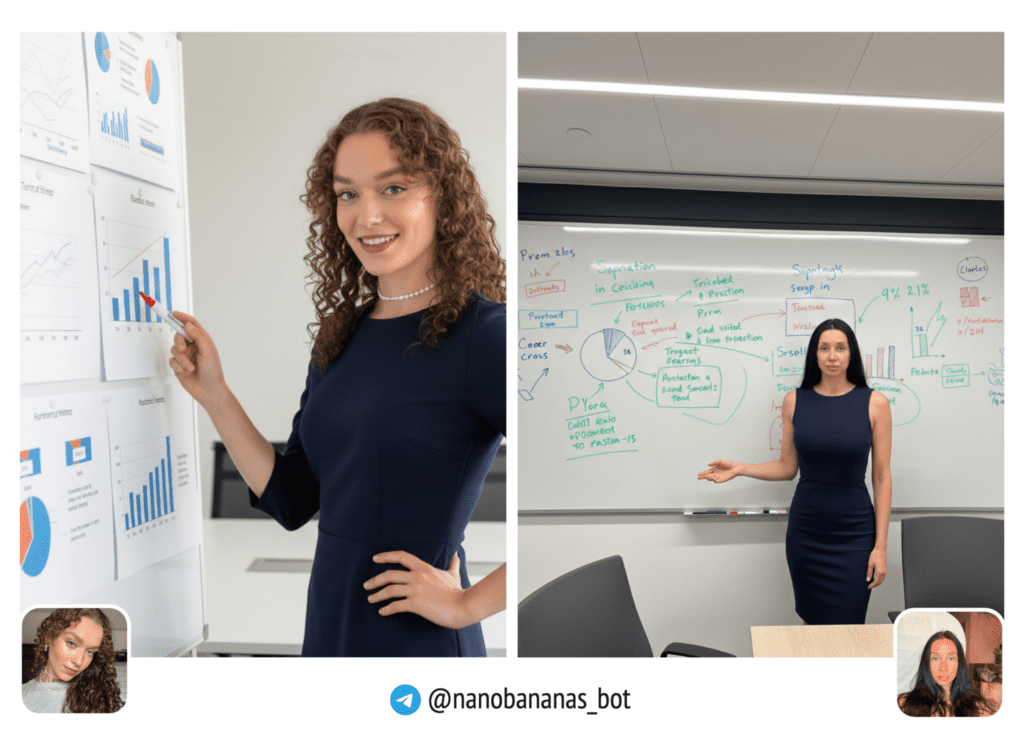 Девушка в тёмно-синем платье стоит у маркерной доски с графиками в переговорной.