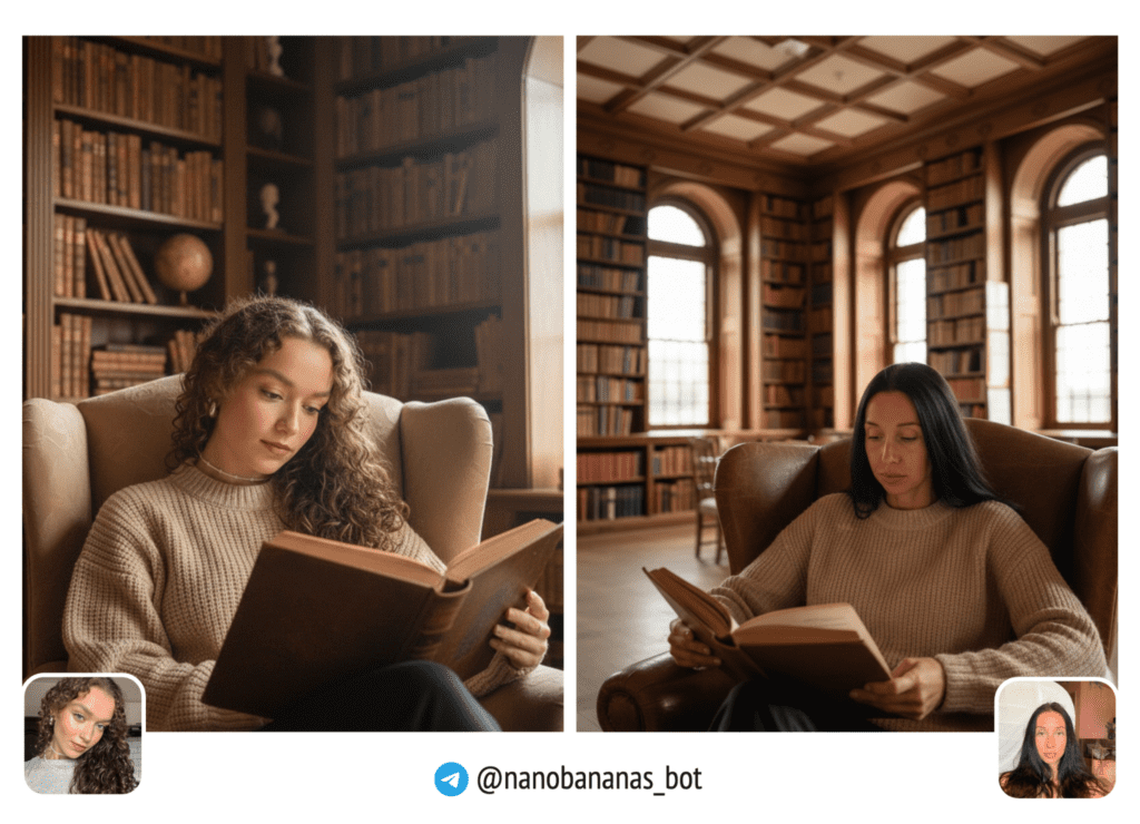 Женщина в бежевом свитере сидит в старинной библиотеке с книгой. Высокие полки с книгами на фоне. Мягкий свет из окон. Спокойное выражение.