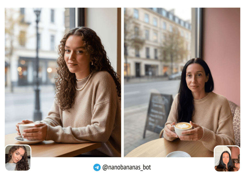 Девушка в бежевом свитере у окна кафе с чашкой капучино. Мягкий свет из окна сбоку. За окном городская улица, размыт фон. Расслабленная поза, лёгкая улыбка.