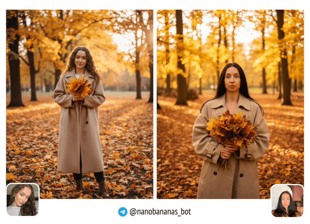 Современное фото, девушка в бежевом оверсайз пальто среди опавших листьев. Вокруг деревья с жёлто-оранжевой листвой. Держит букет осенних листьев.