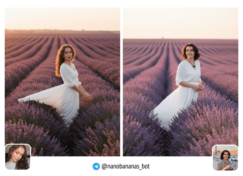 Реалистичное фото девушки в белом платье в лавандовом поле. Ряды цветущей лаванды до горизонта. Руки касаются цветов.