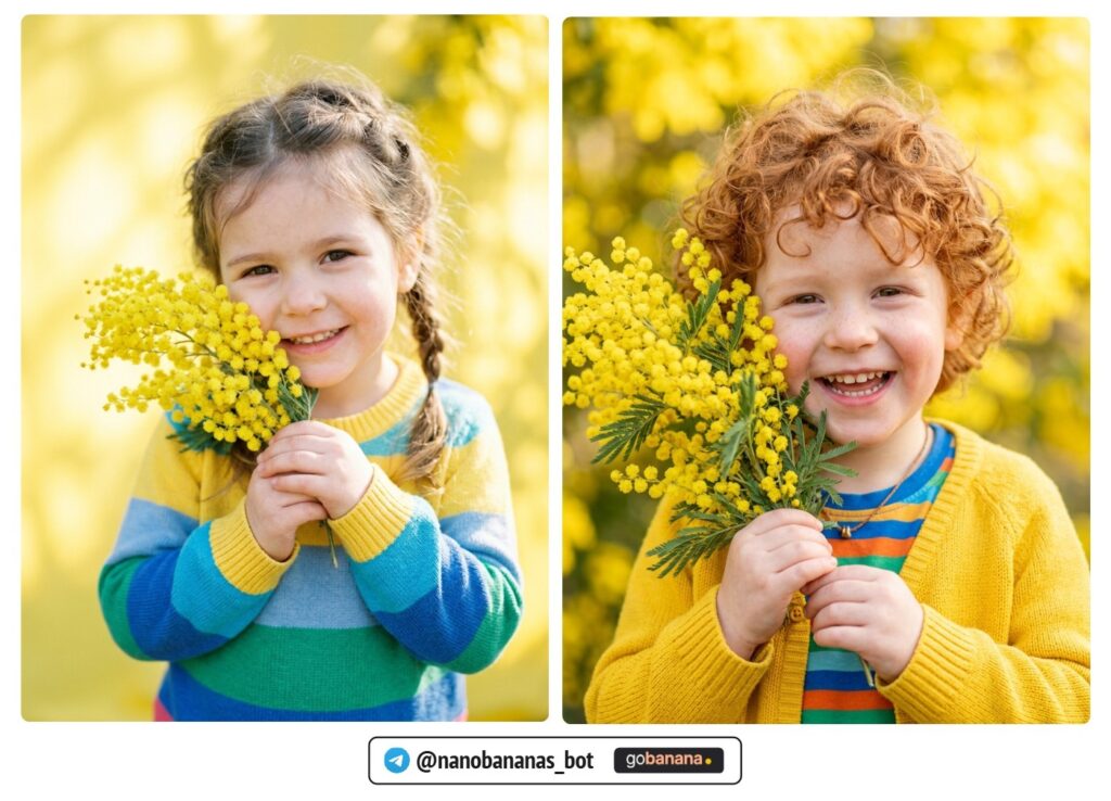 Ребёнок с веточкой мимозы