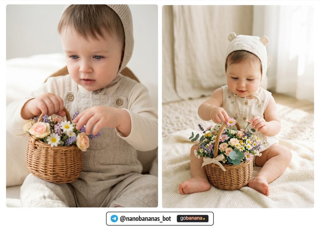 Малыш с корзиной цветов