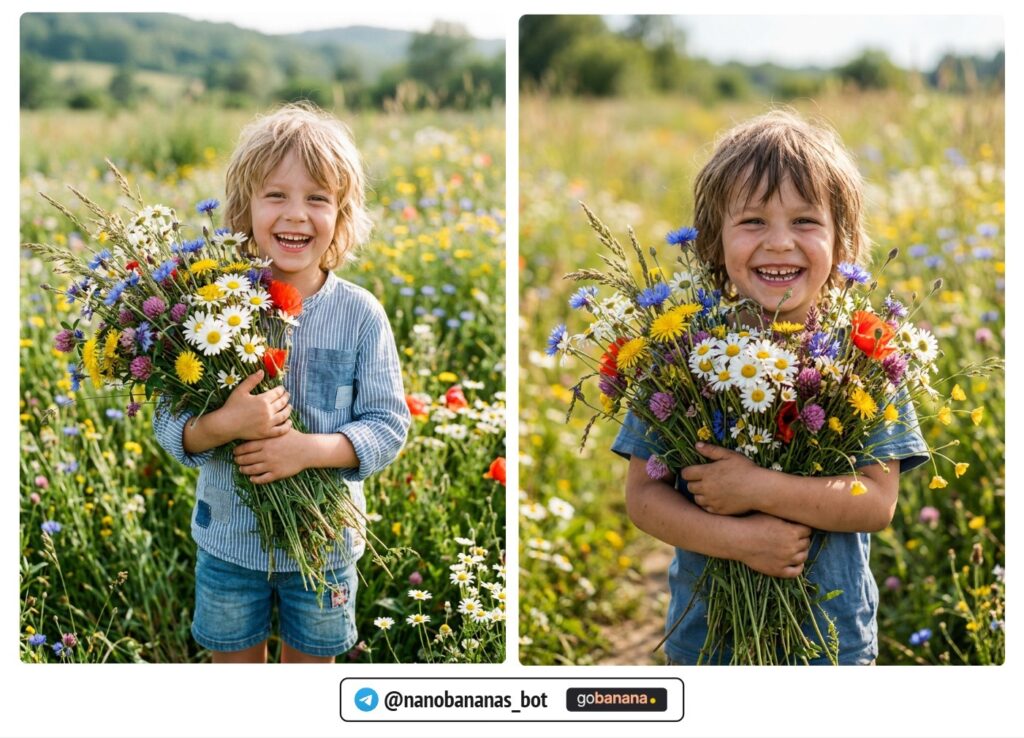 Ребёнок с охапкой полевых цветов