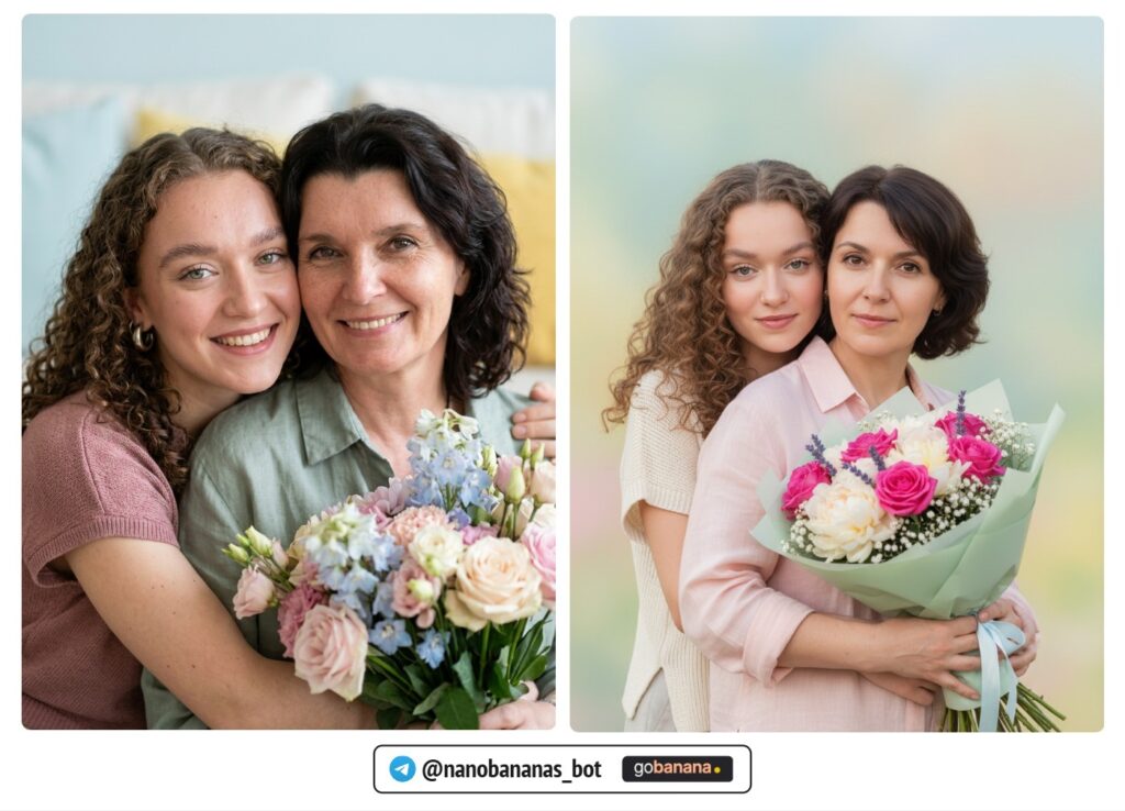 Мама и дочка с букетом