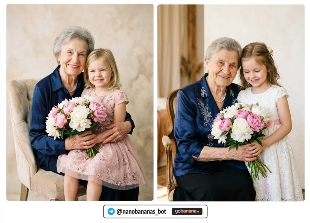 Бабушка и внучка с пионами: ии фото