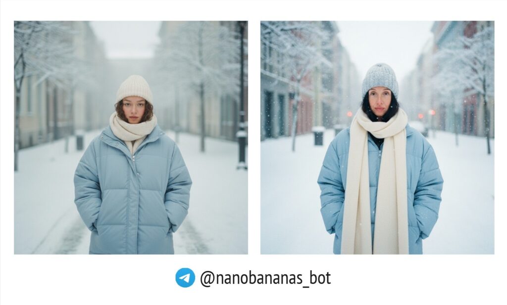 ИИ генератор картинок Зимняя прогулка — пуховик и снег